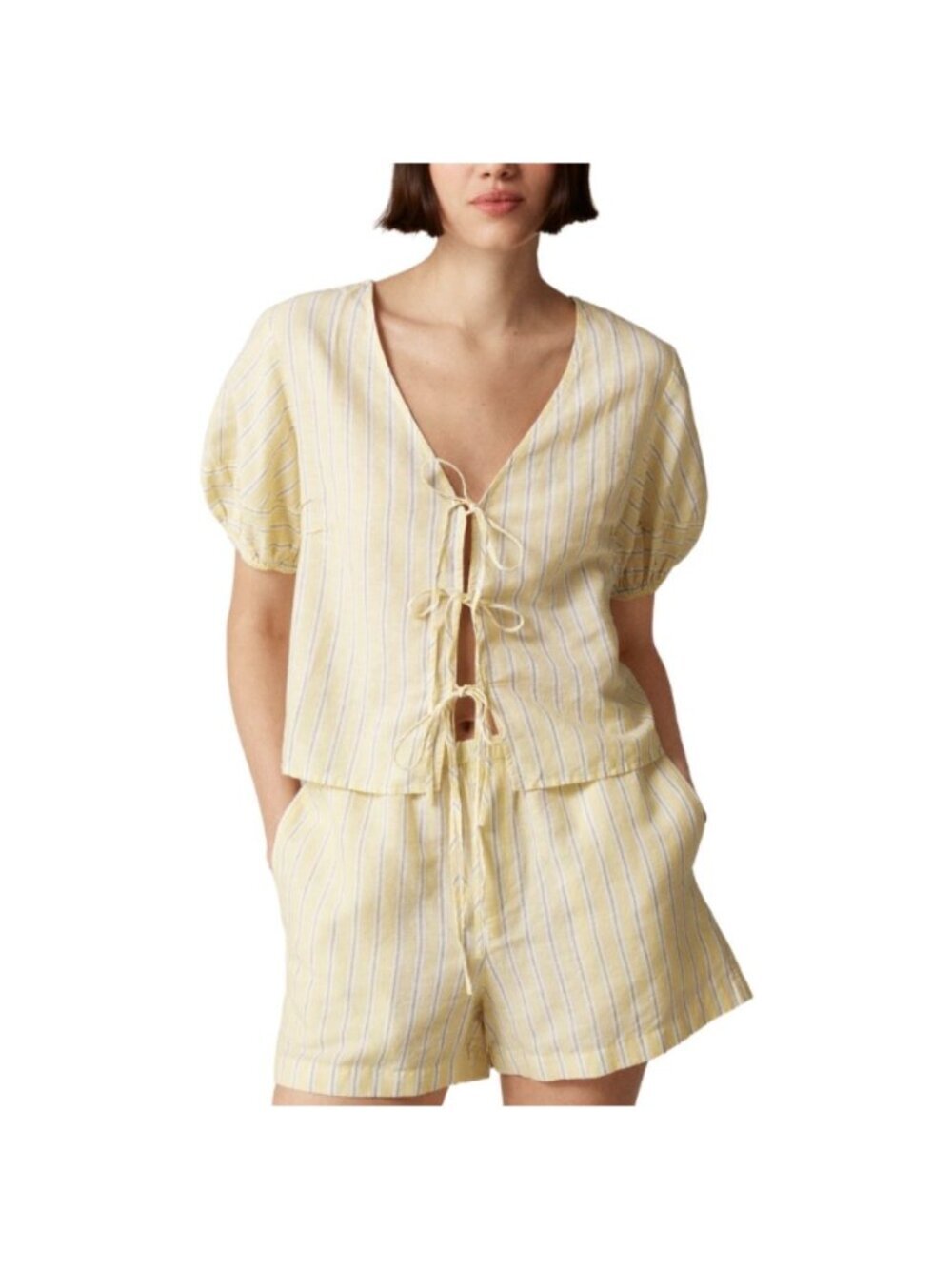 NWT J.Crew Yellow Linen Cotton Blend Tie Front Pajama Short Set - Size: Medium